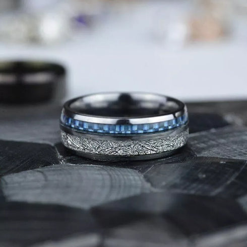 Men's 8mm Tungsten Blue Meteorite Inspired Inlay Comfort-Fit Wedding Band